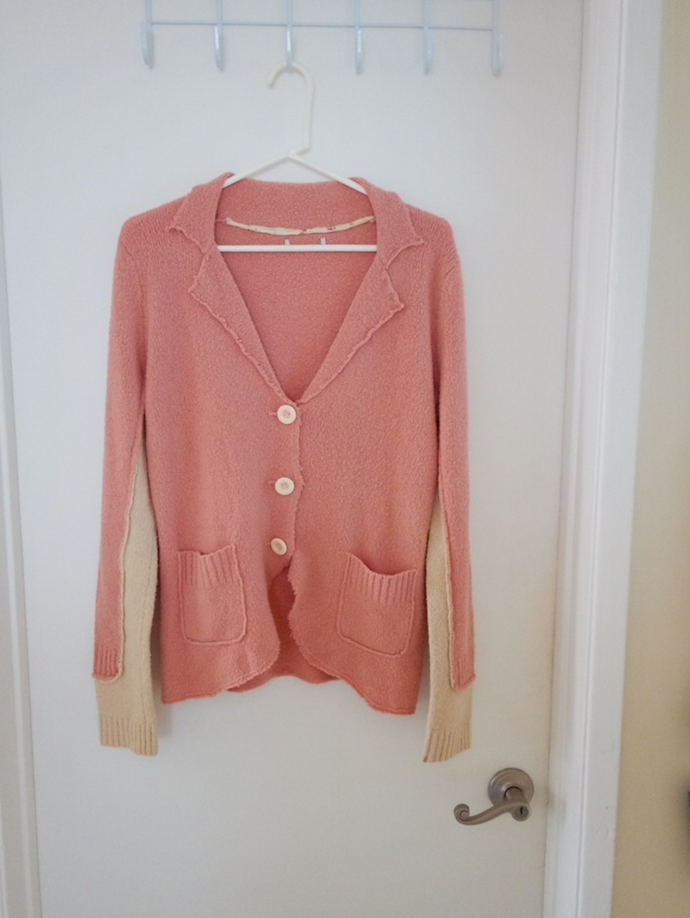 Women’s Pink Cardigan Sweater with Cream Contrast Sleeves